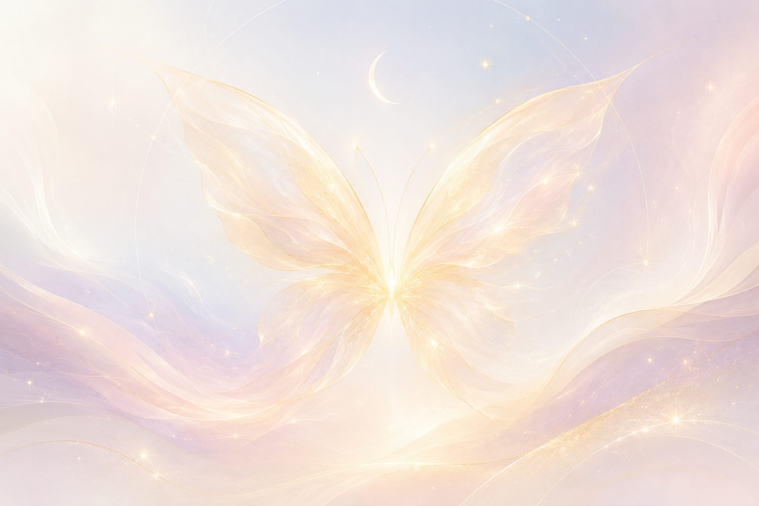 Mariposa luminosa de alas doradas sobre un cielo suave en tonos lavanda — símbolo de transformación de NÉBULA