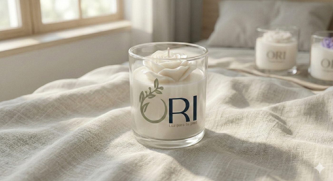 Vela en vaso de vidrio con flor de cera blanca, sobre una cama de lino en luz cálida